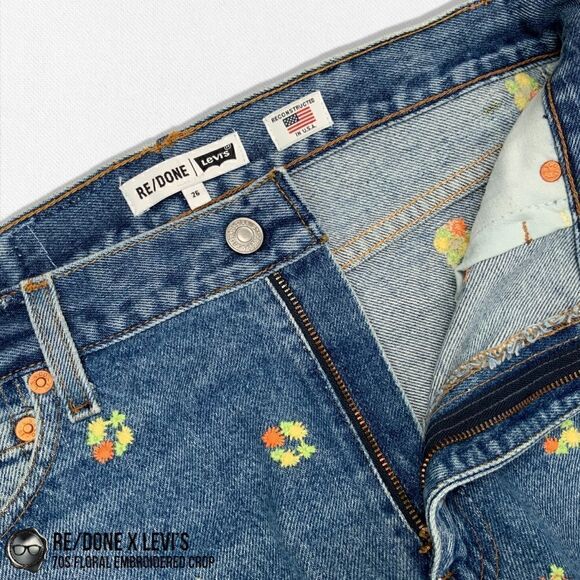 RE/DONE X LEVI’S 70s FLORAL EMBROIDERED RECONSTRUCTED VINTAGE JEANS CROPPED 26 - Picture 8 of 15